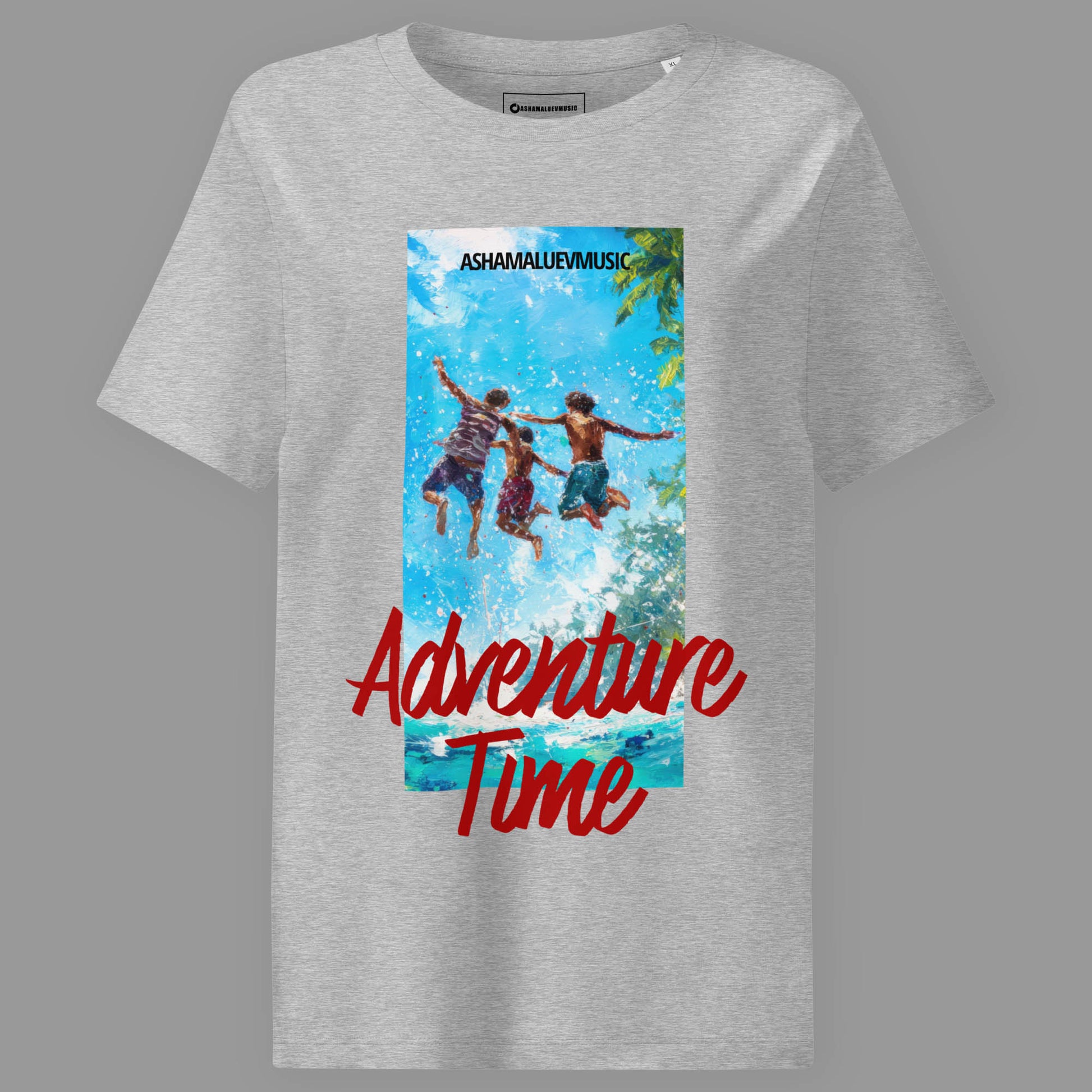 Heather grey women's short sleeve t-shirt with 'Adventure Time' graphic and text 'AShamaluevMusic' on a gray background