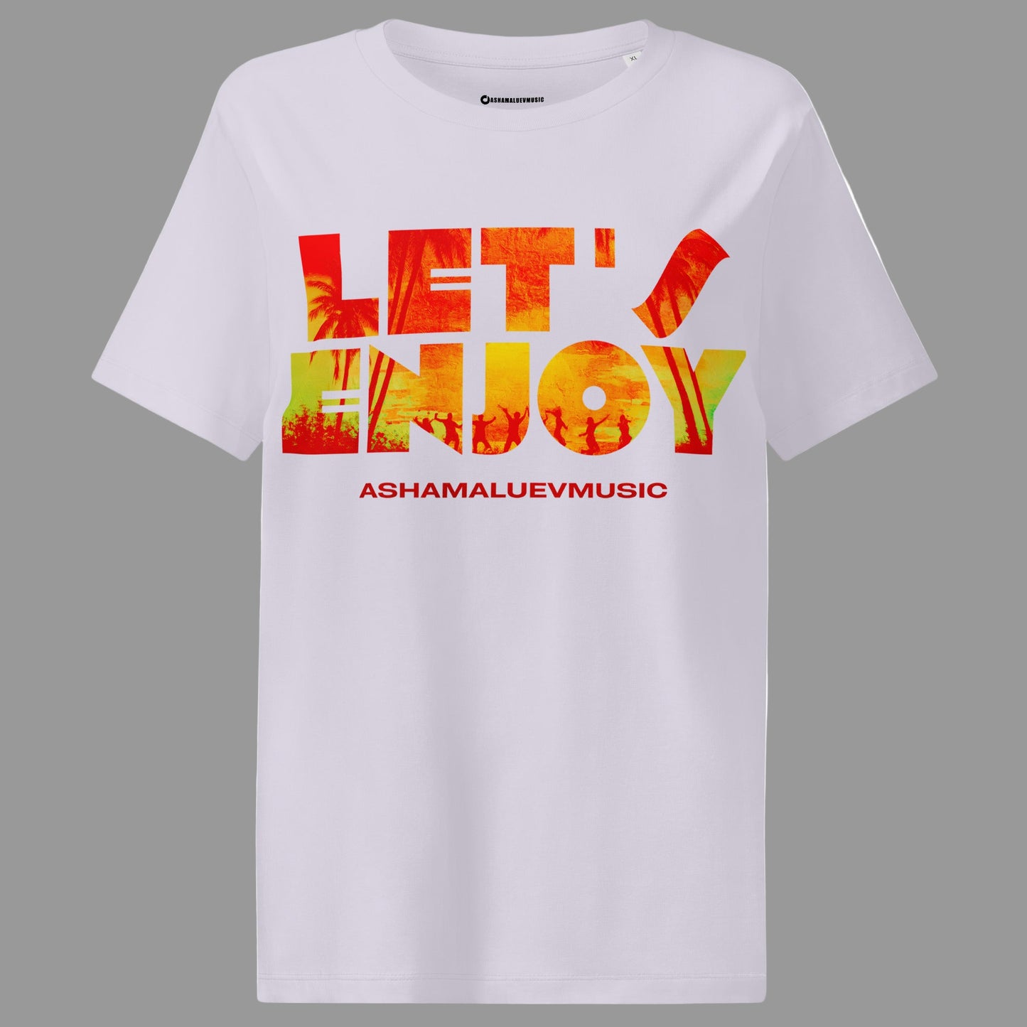 lavender t-shirt with colorful text 'LET'S ENJOY' and AShamaluevMusic on a grey background