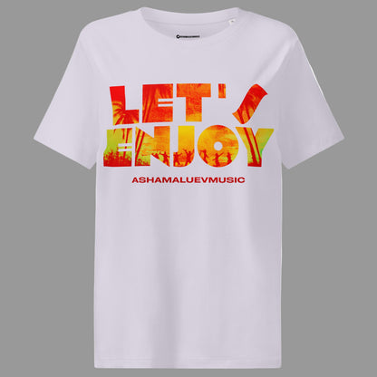 lavender t-shirt with colorful text 'LET'S ENJOY' and AShamaluevMusic on a grey background