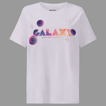 Lavender t-shirt with a 'Galaxy' design and AShamaluevMusic logo on a light grey background