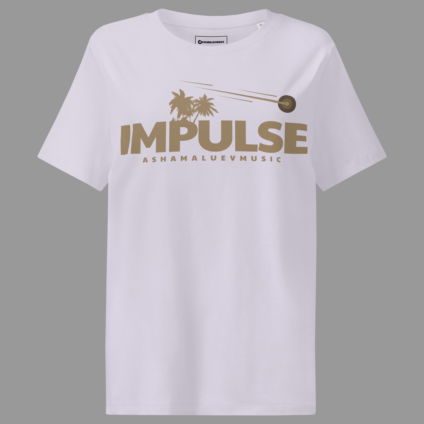 Lavender women's organic short sleeve t-shirt with beige text 'IMPULSE' and 'ASHAMALUEVMUSIC' on a gray background