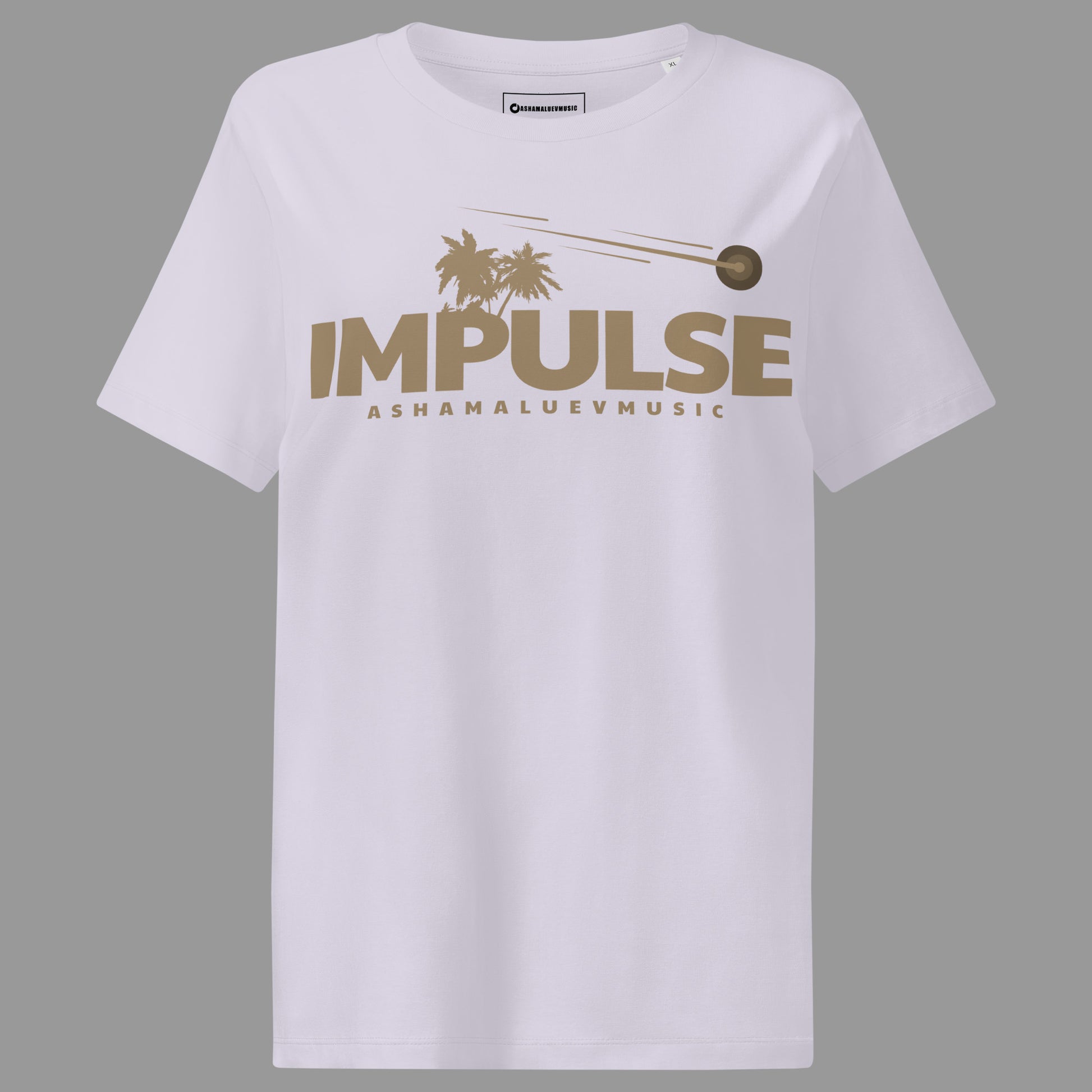 Lavender women's organic short sleeve t-shirt with beige text 'IMPULSE' and 'ASHAMALUEVMUSIC' on a gray background