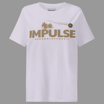 Lavender women's organic short sleeve t-shirt with beige text 'IMPULSE' and 'ASHAMALUEVMUSIC' on a gray background