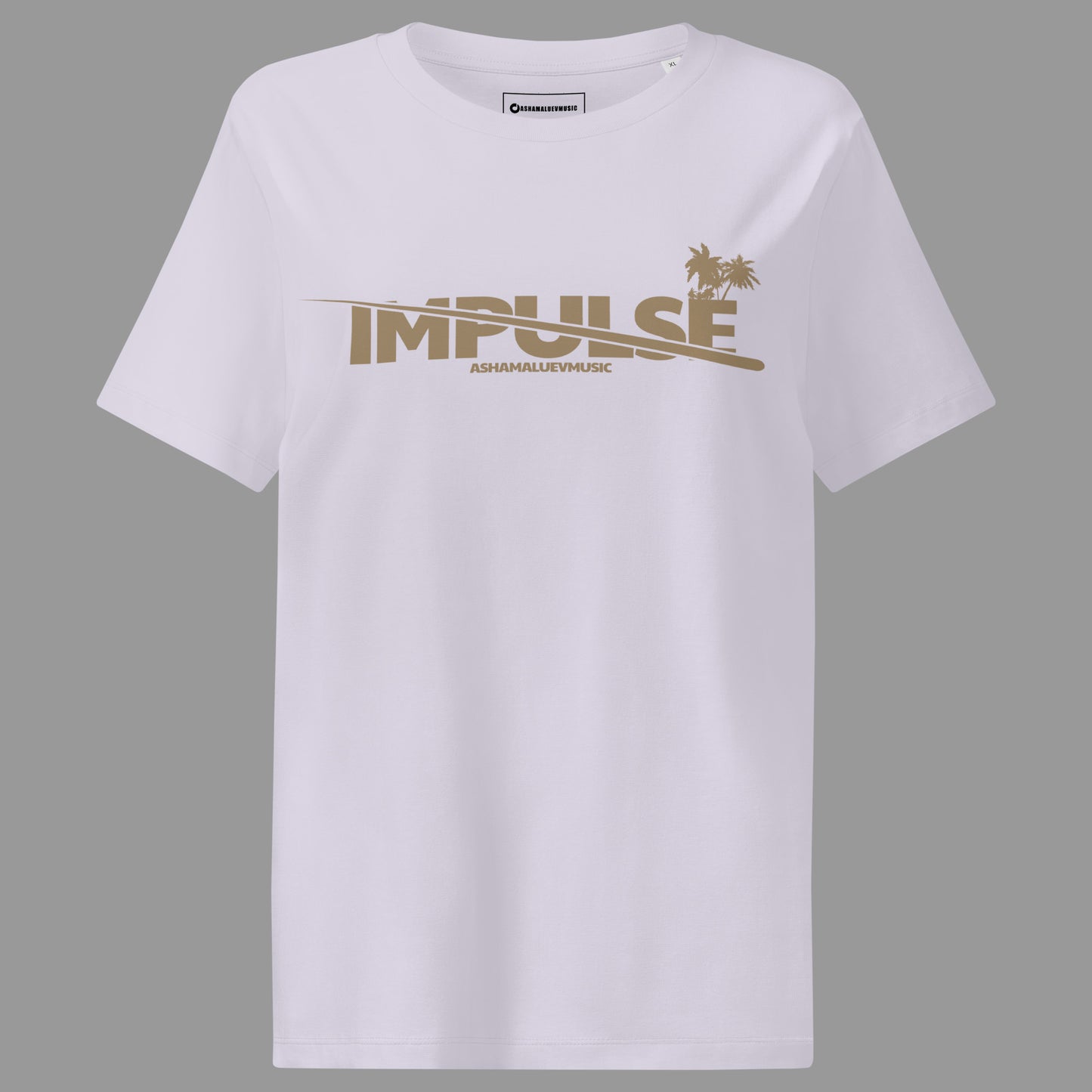 Lavender woomen's t-shirt with beige text 'IMPULSE' and 'AShamaluevMusic' on a gray background