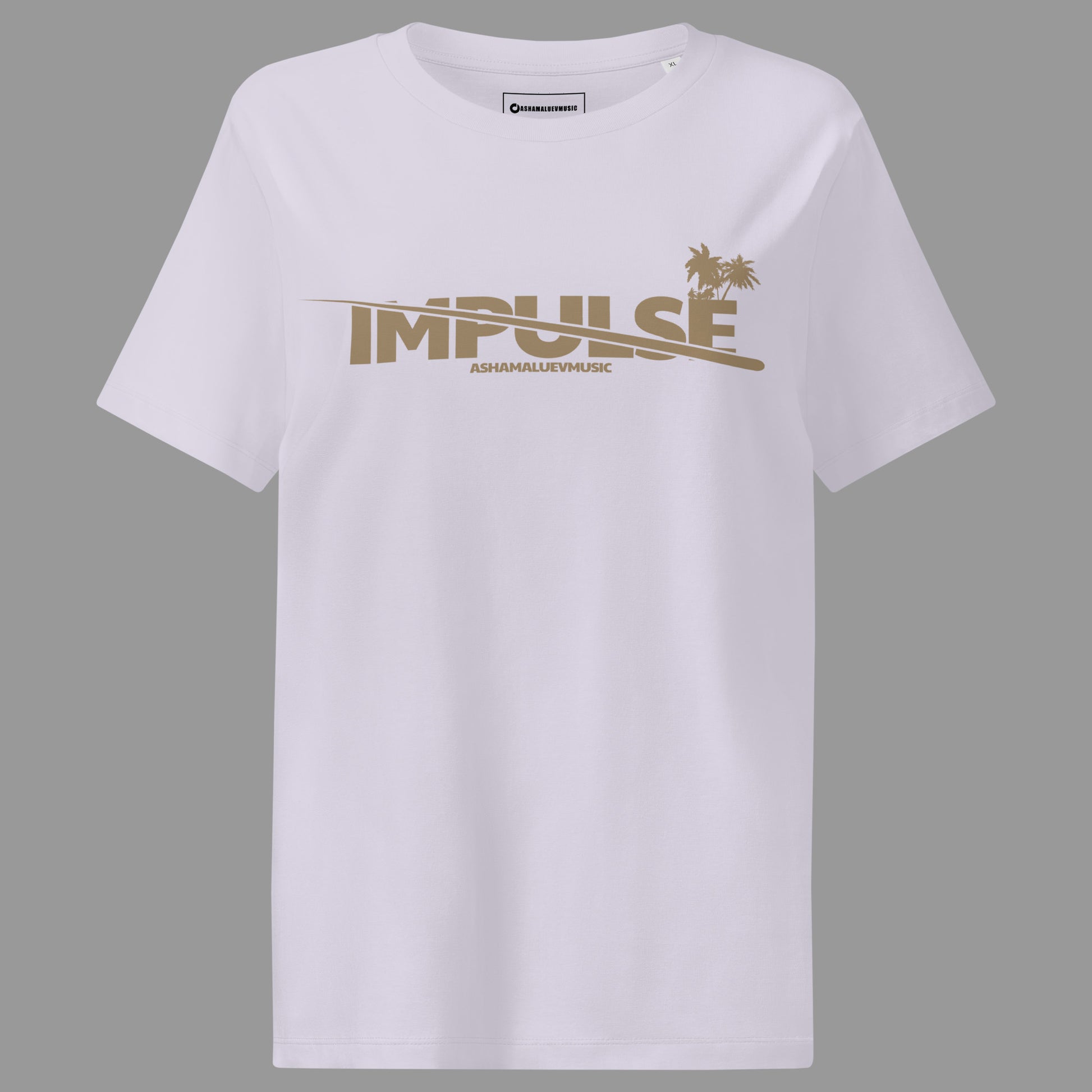 Lavender woomen's t-shirt with beige text 'IMPULSE' and 'AShamaluevMusic' on a gray background