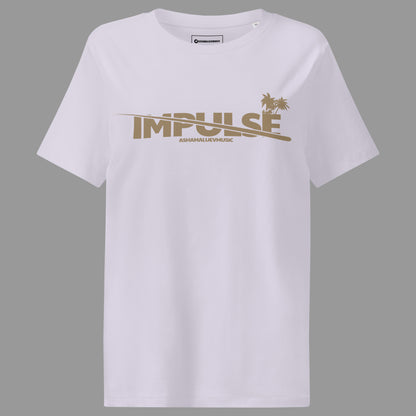 Lavender woomen's t-shirt with beige text 'IMPULSE' and 'AShamaluevMusic' on a gray background