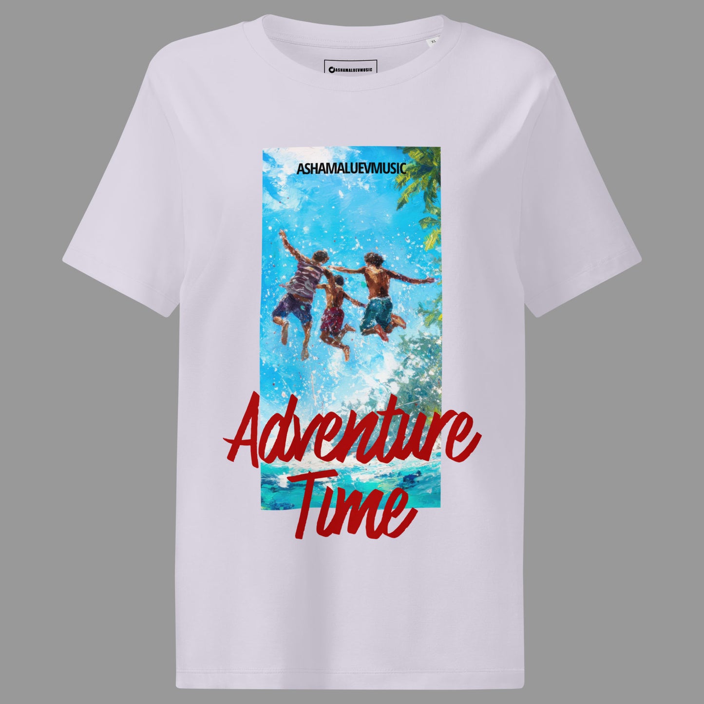 Lavender women's short sleeve t-shirt with 'Adventure Time' graphic and text 'AShamaluevMusic' on a gray background