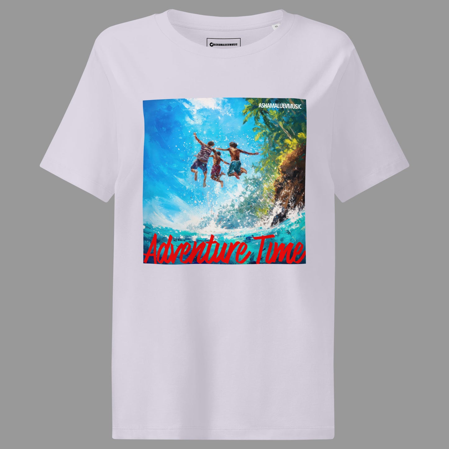 Lavender women's short sleeve t-shirt with 'Adventure Time' graphic and 'AShamaluevMusic' text on a gray background