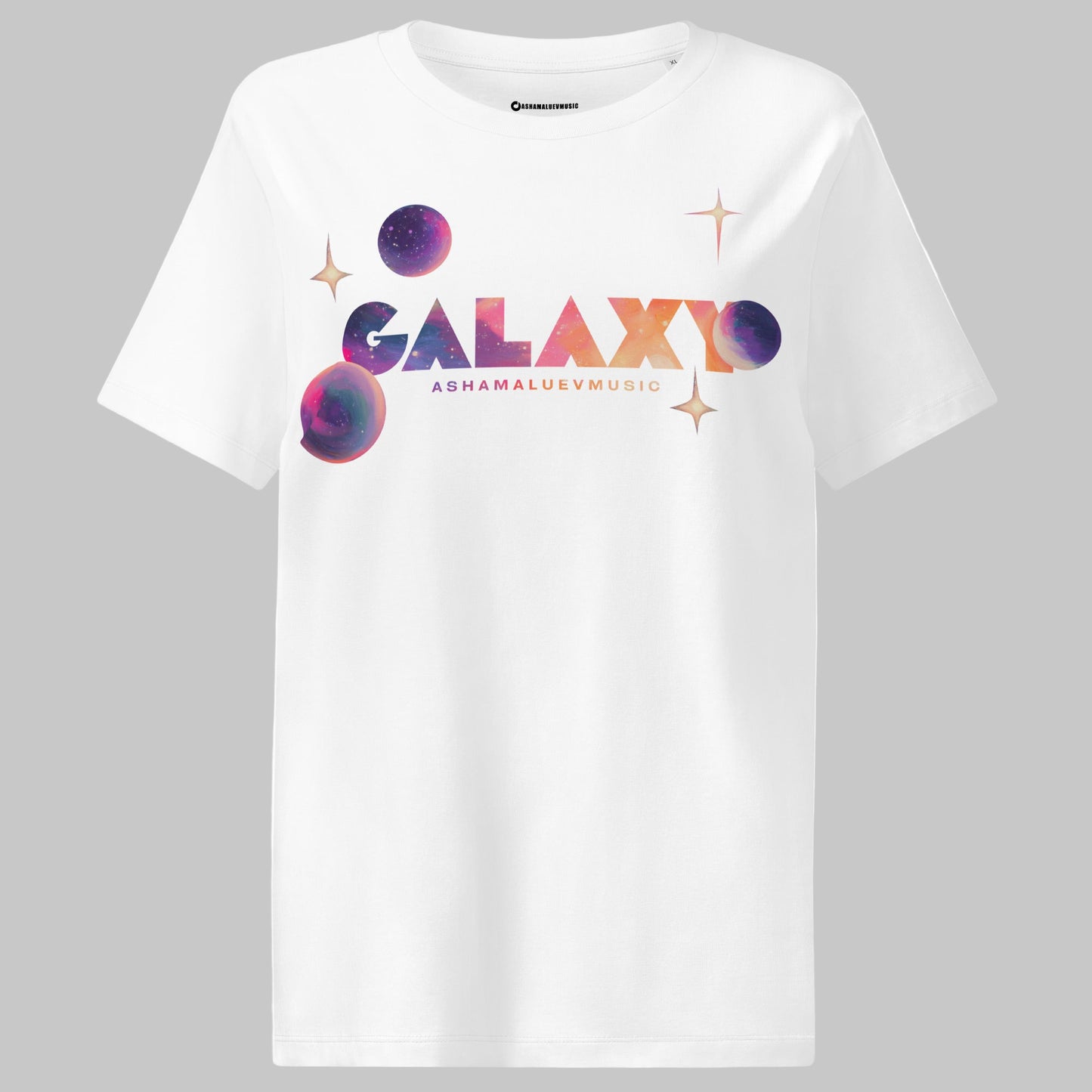 White t-shirt with a 'Galaxy' design and AShamaluevMusic logo on a light grey background