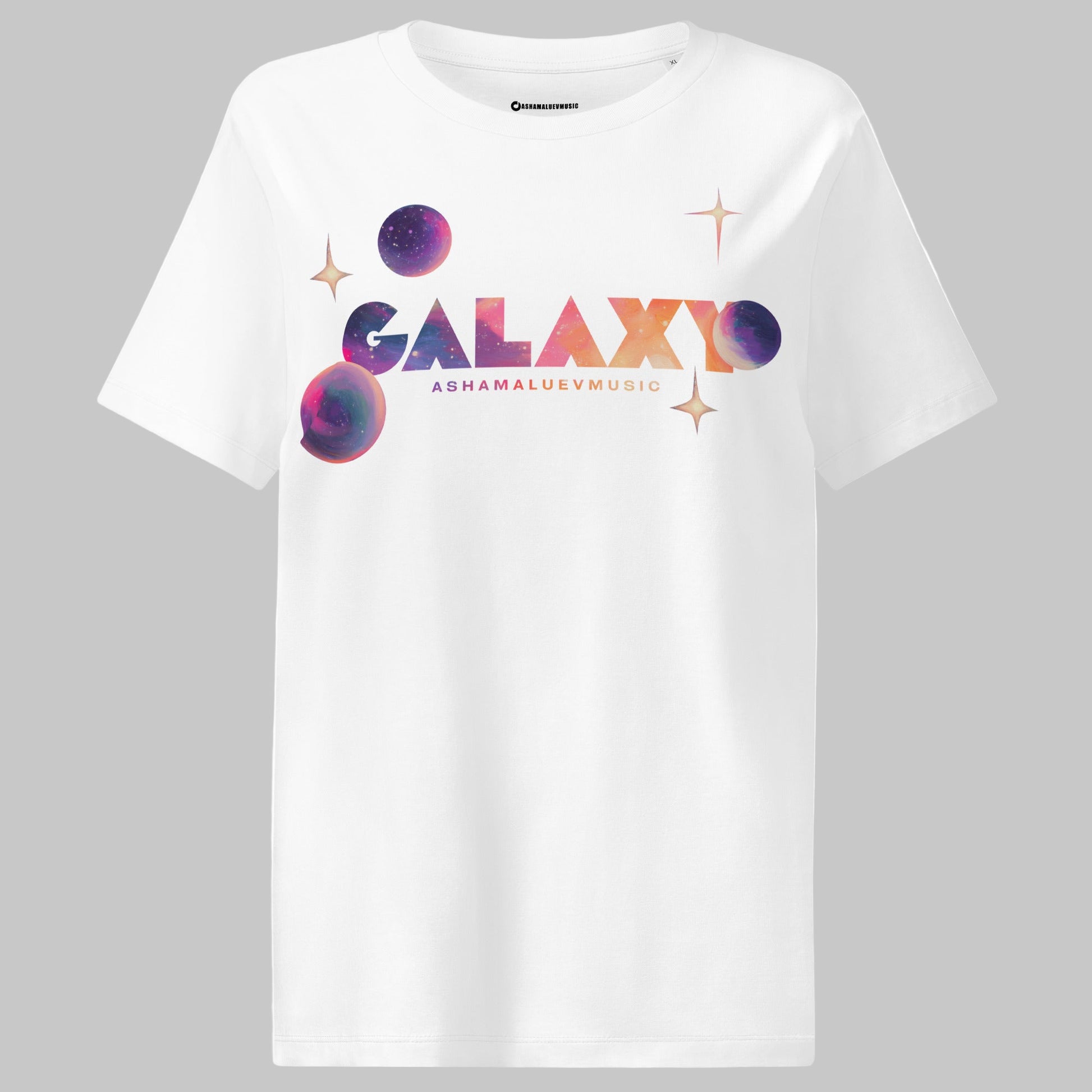 White t-shirt with a 'Galaxy' design and AShamaluevMusic logo on a light grey background