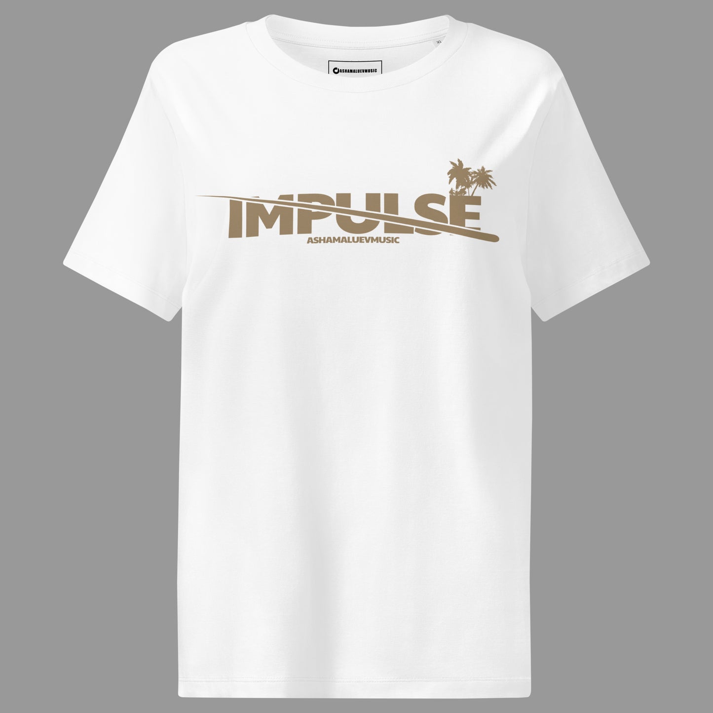 White woomen's t-shirt with beige text 'IMPULSE' and 'AShamaluevMusic' on a gray background