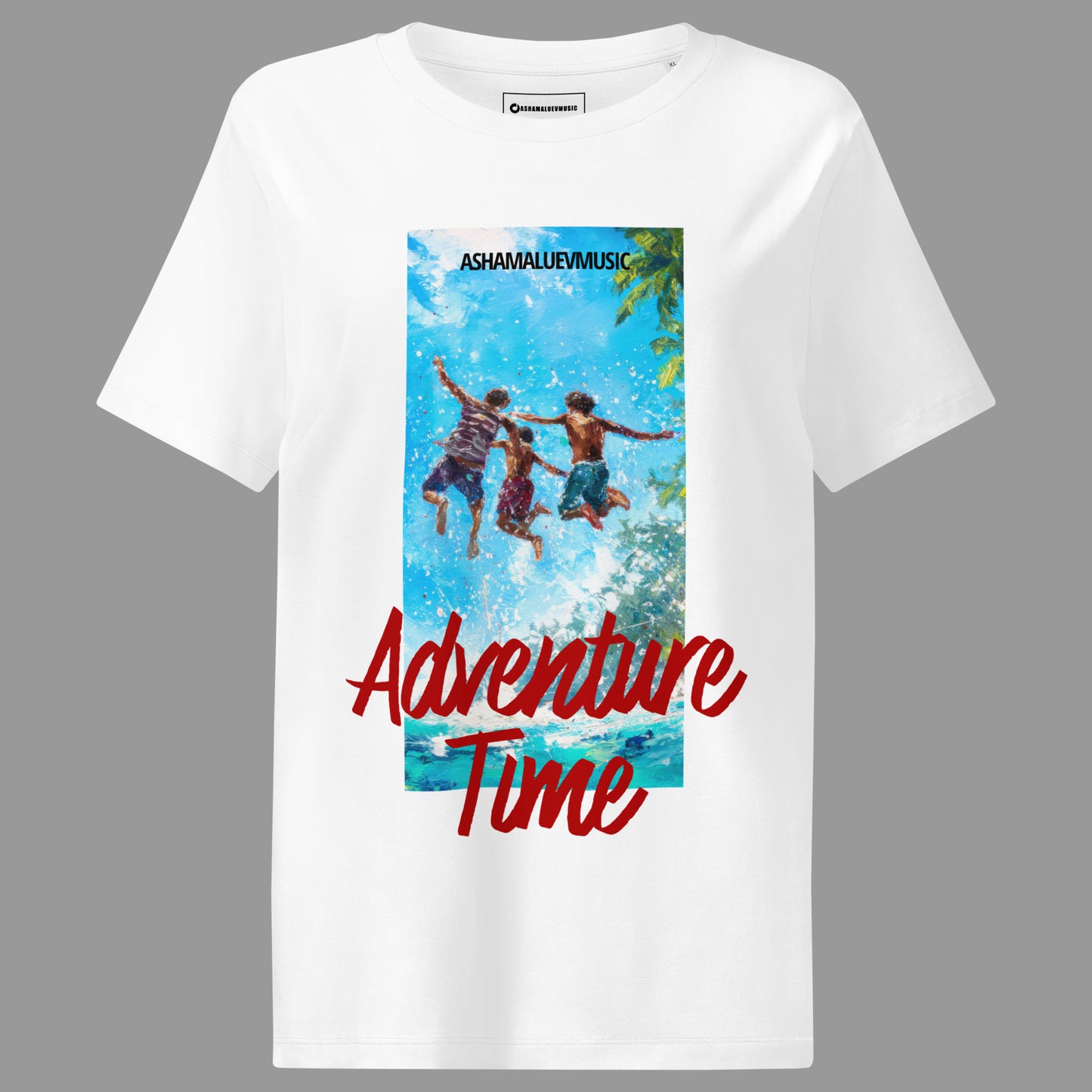 White women's short sleeve t-shirt with 'Adventure Time' graphic and text 'AShamaluevMusic' on a gray background