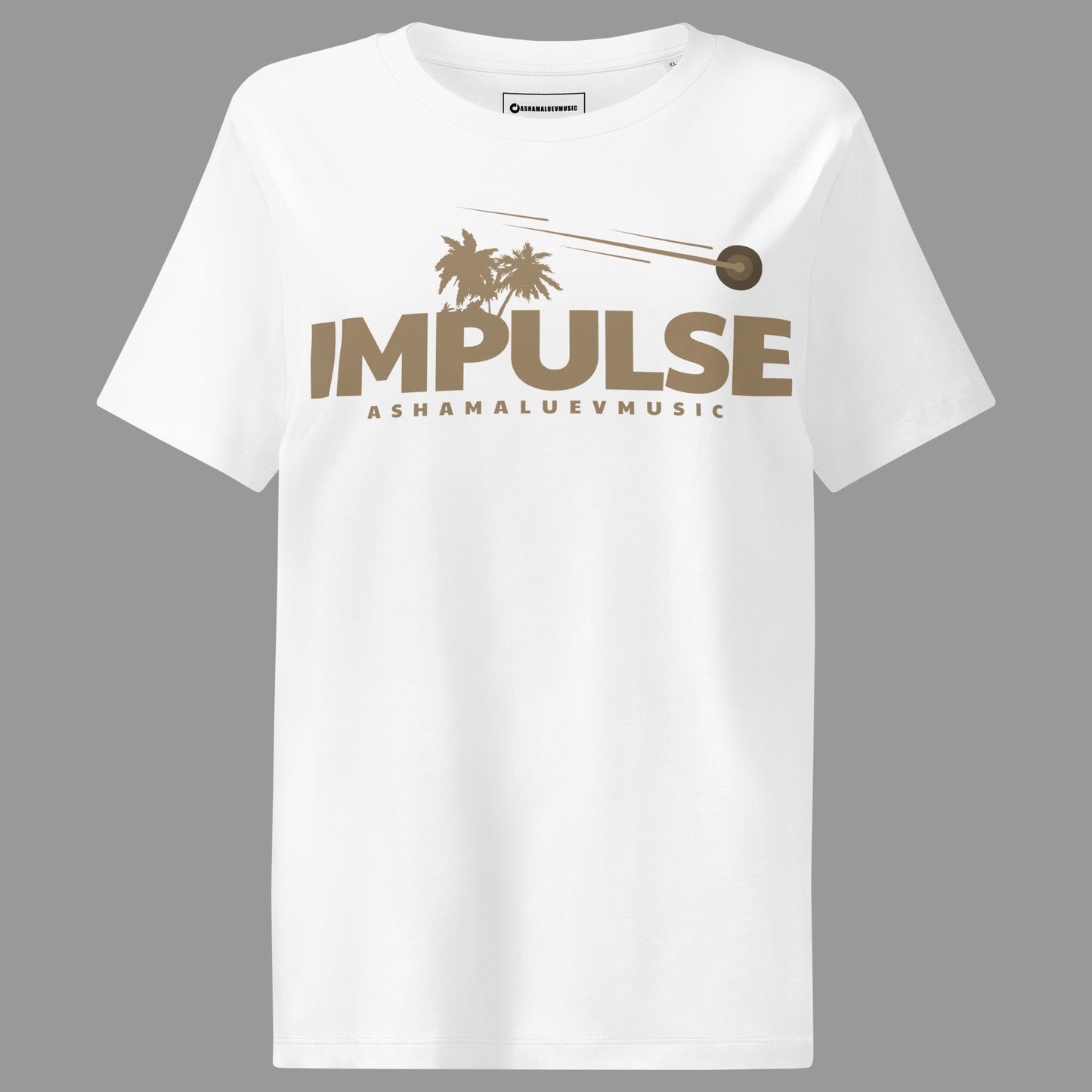 White women's organic short sleeve t-shirt with beige text 'IMPULSE' and 'ASHAMALUEVMUSIC' on a gray background