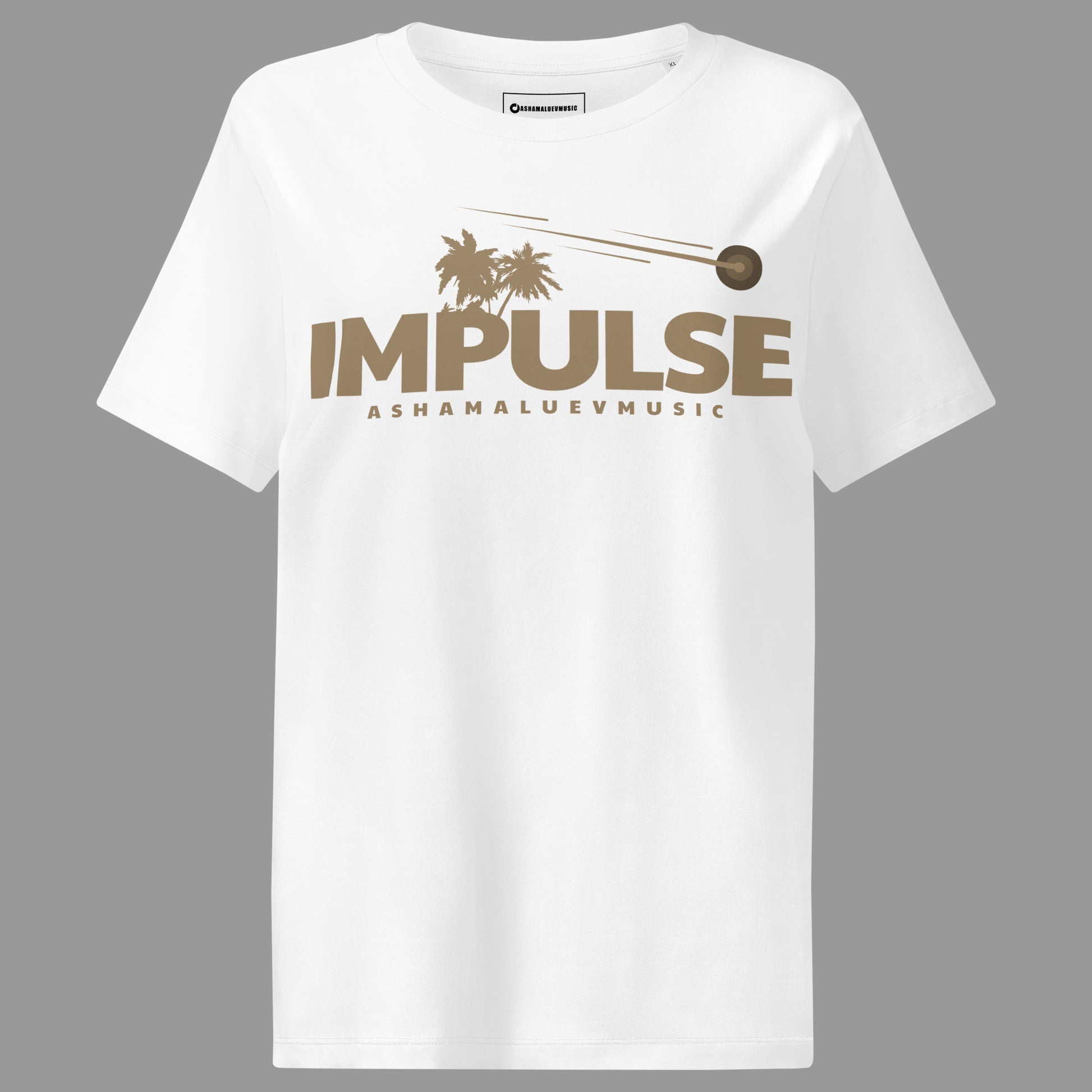 White women's organic short sleeve t-shirt with beige text 'IMPULSE' and 'ASHAMALUEVMUSIC' on a gray background