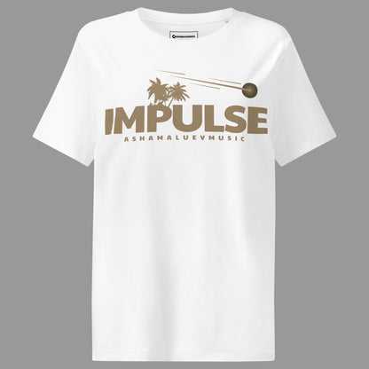 White women's organic short sleeve t-shirt with beige text 'IMPULSE' and 'ASHAMALUEVMUSIC' on a gray background