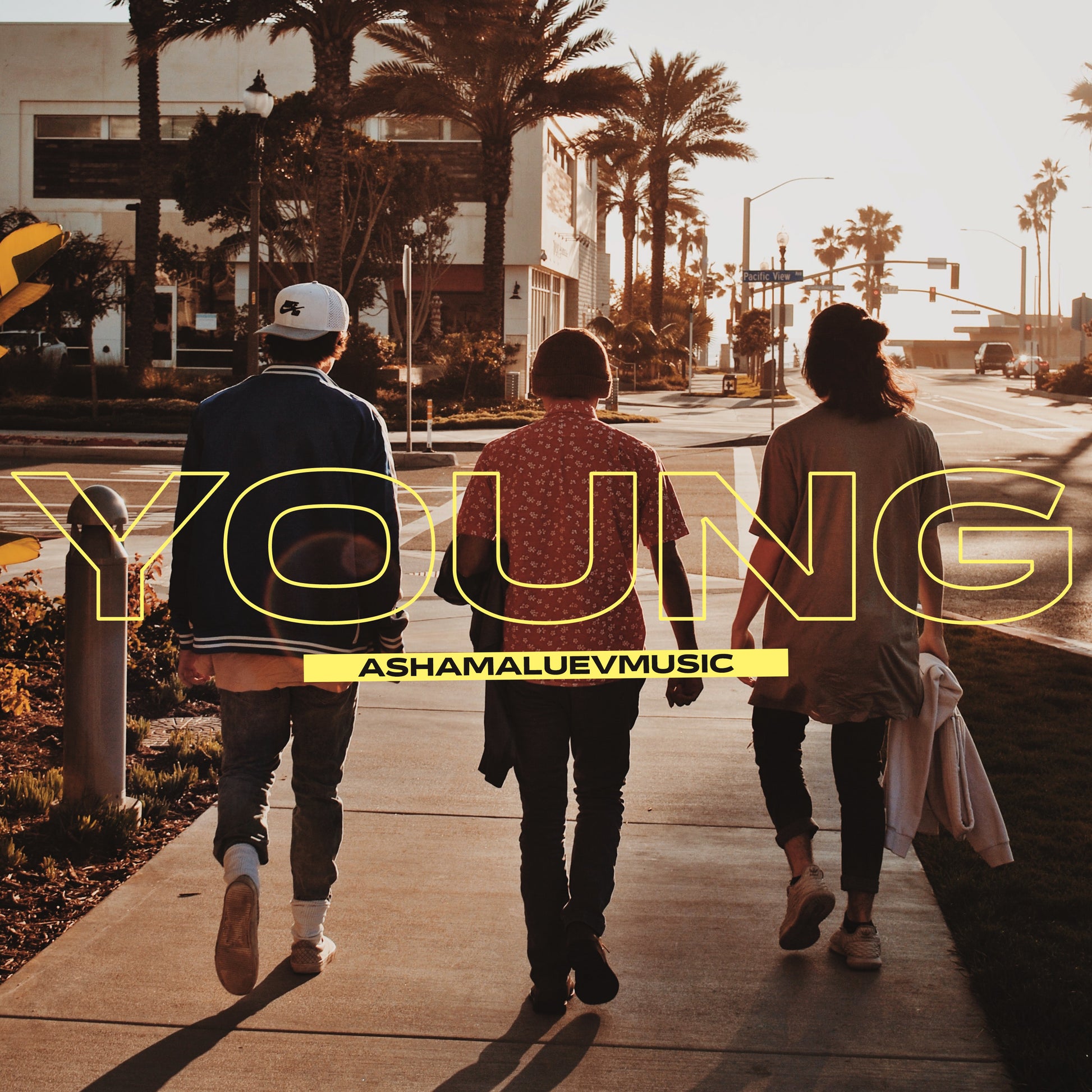 Cover art of the music track 'Young' by AShamaluevMusic, which shows the three people walking on a sidewalk.
